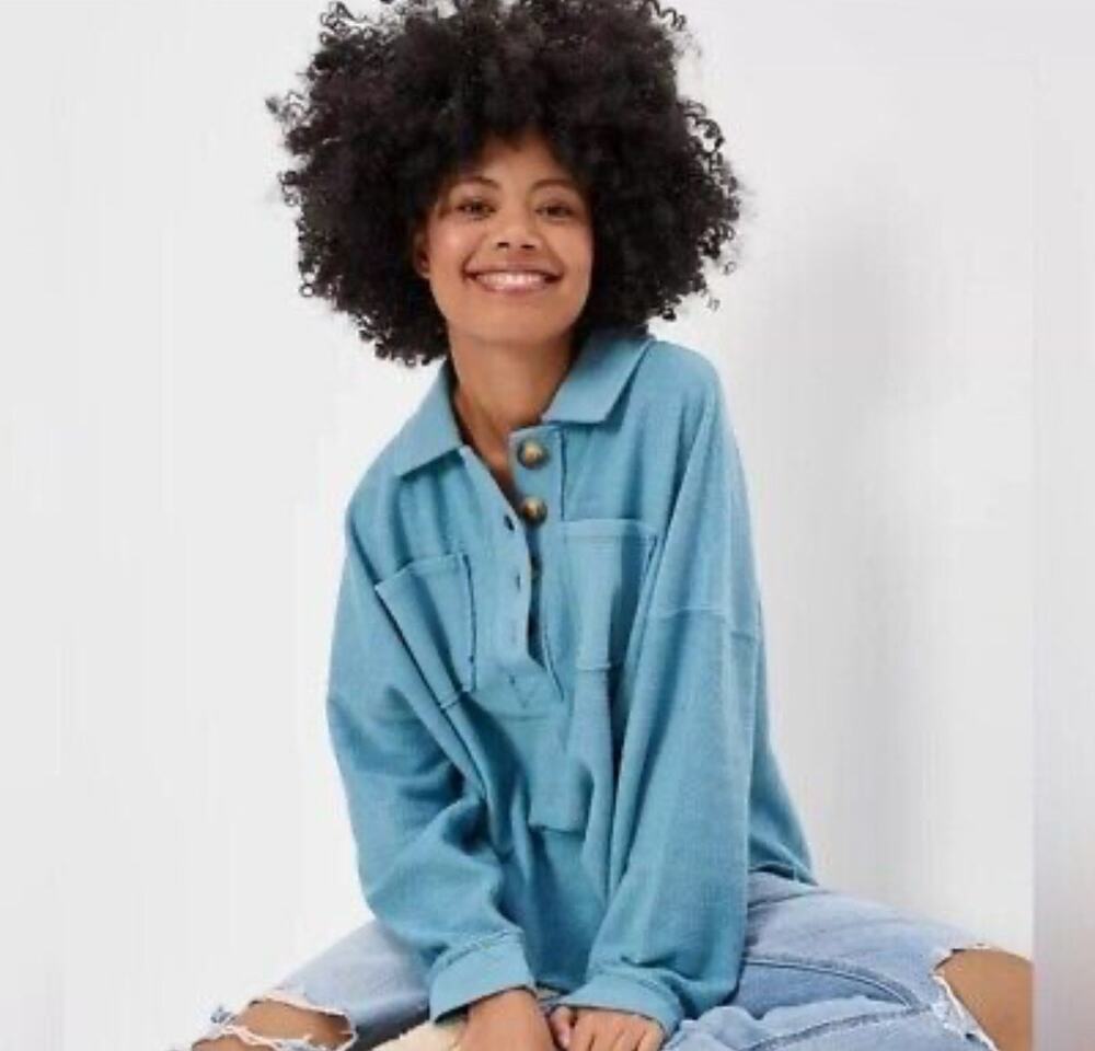 American Eagle Turquoise Blue Oversized Sweatshirt Henley Long Sleeve Top Sz M